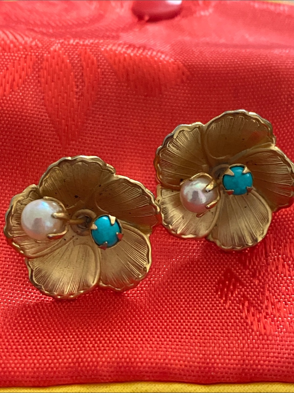 Vintage Gold Floral Earrings with Turquoise and Pearl Accents